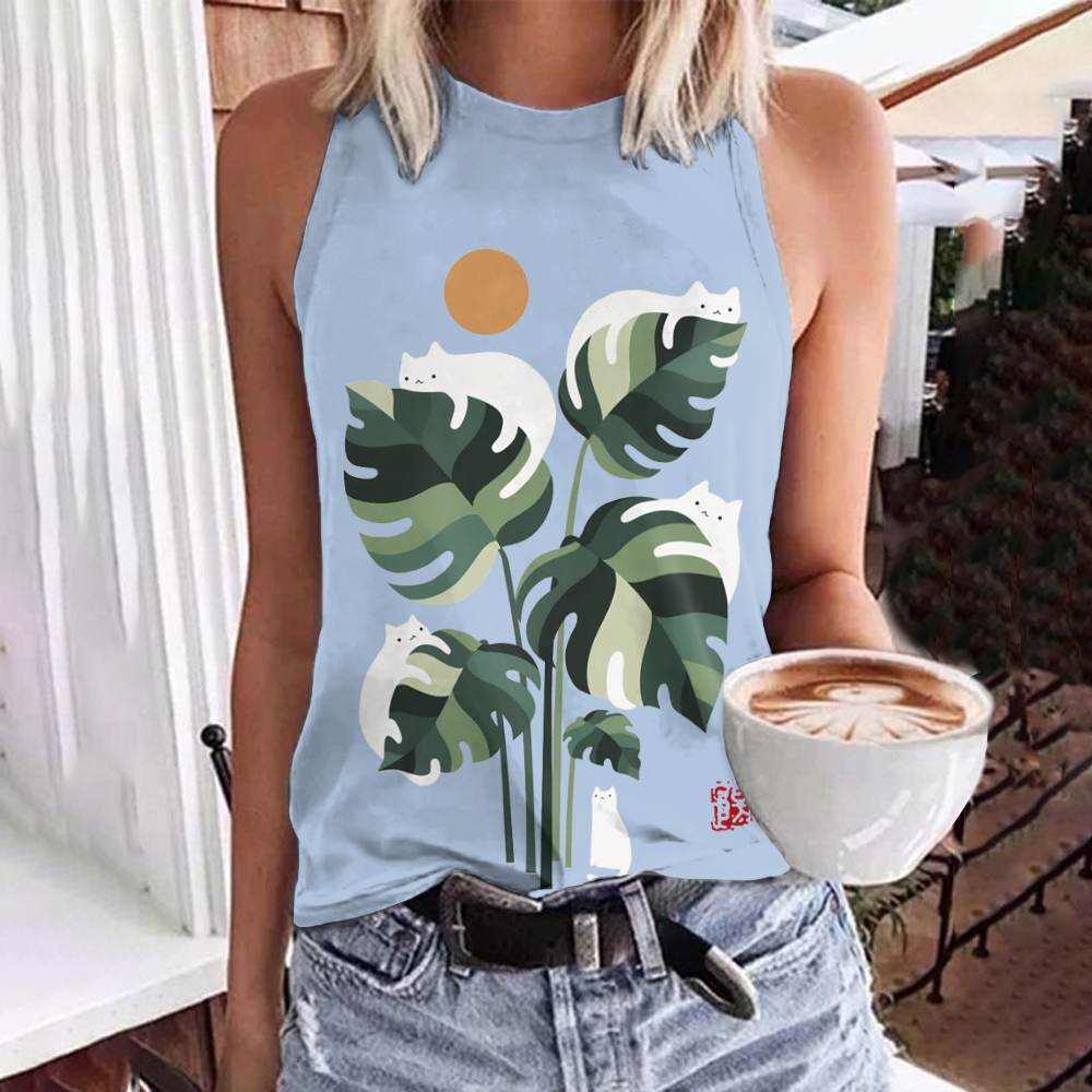Abstract Creative Cute Cat And Plant Sun Painting Art Tank Top