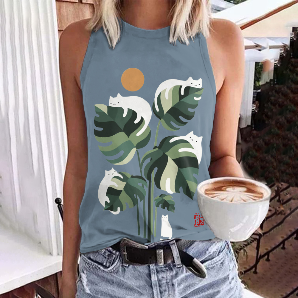 Abstract Creative Cute Cat And Plant Sun Painting Art Tank Top