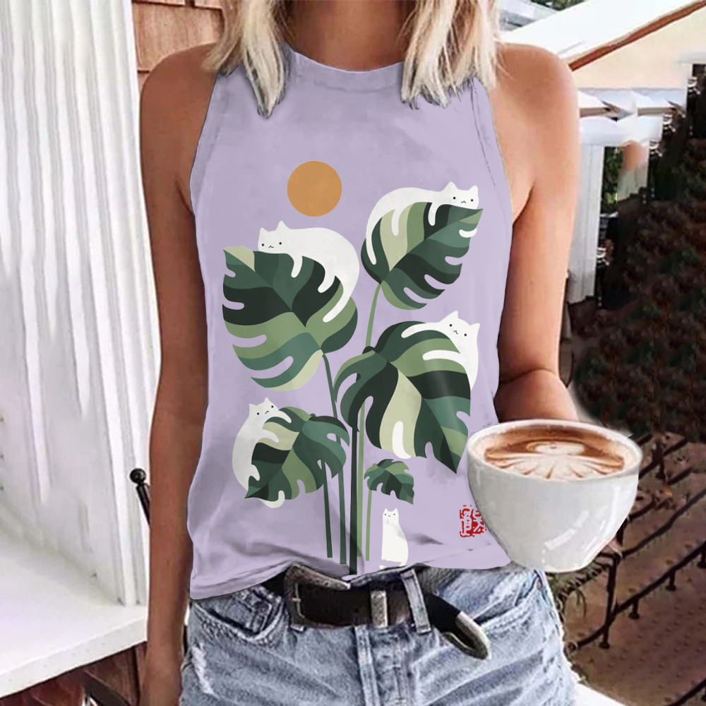 Abstract Creative Cute Cat And Plant Sun Painting Art Tank Top