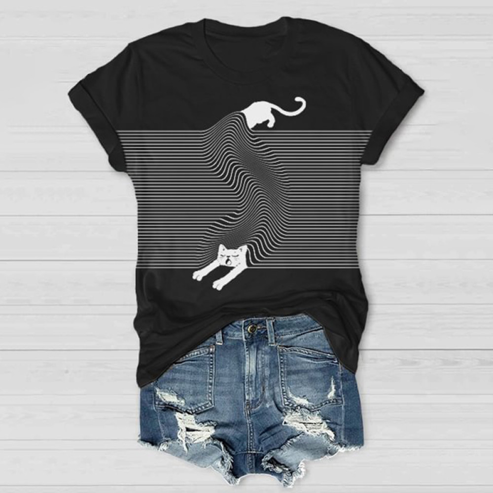 Abstract Creative Cute Cat Funny 3D Wavy Stripe Drawing Painting Art T-Shirt
