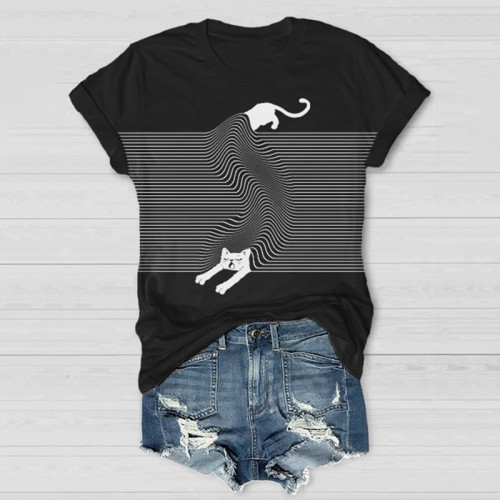 Abstract Creative Cute Cat Funny 3D Wavy Stripe Drawing Painting Art T-Shirt