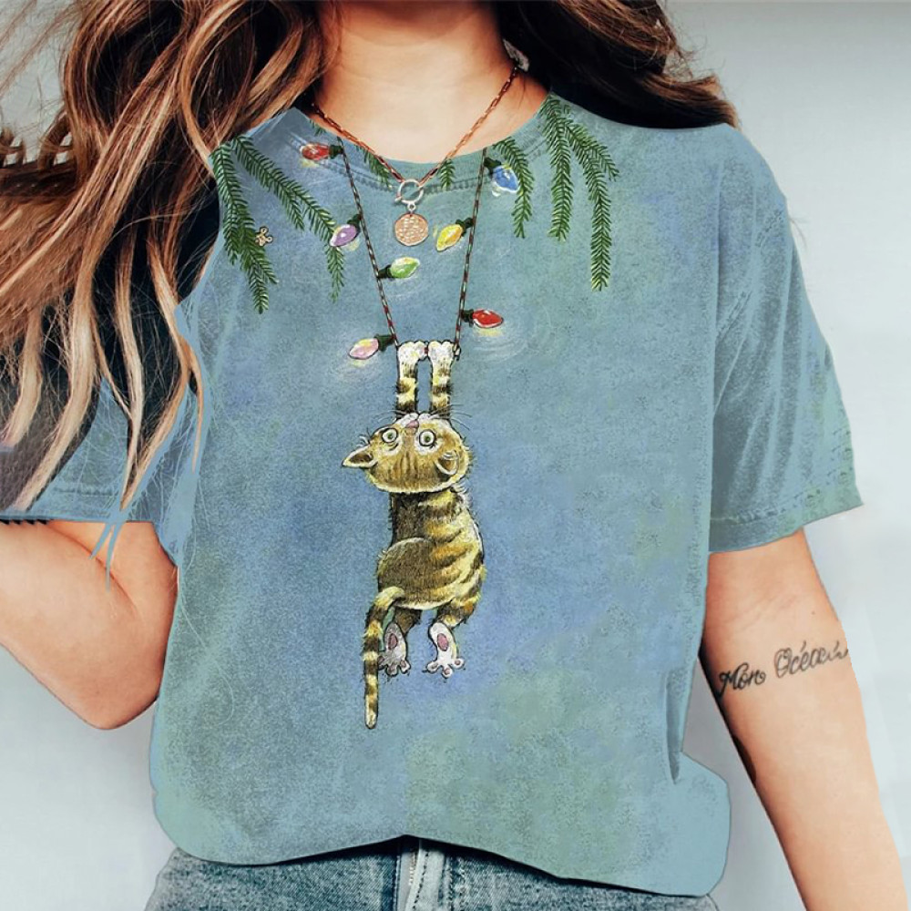Abstract Creative Cute Cat Hanging On Colorful Light Bulb Garland Drawing Painting Art T-Shirt