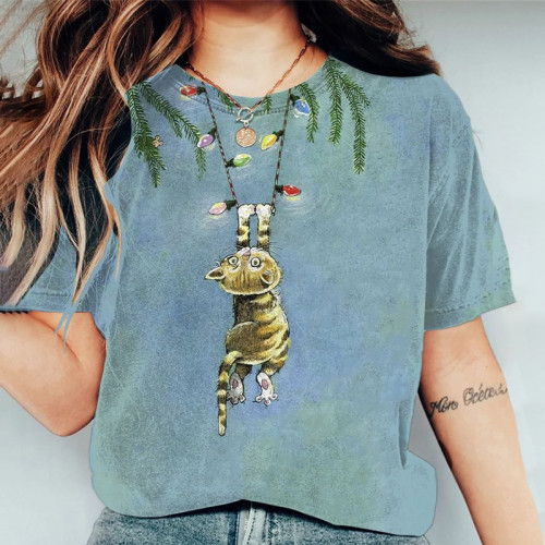 Abstract Creative Cute Cat Hanging On Colorful Light Bulb Garland Drawing Painting Art T-Shirt