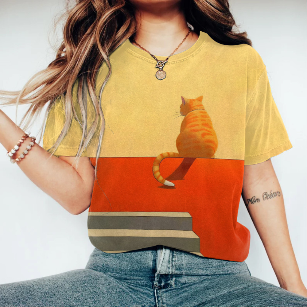 Abstract Creative Cute Cat In A Daze On The Balcony Painting Art T-Shirt