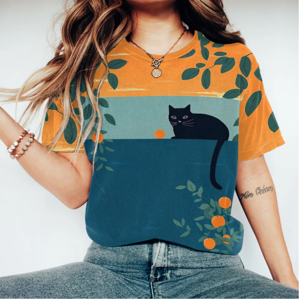 Abstract Creative Cute Cat In The Orchard Painting Art T-Shirt