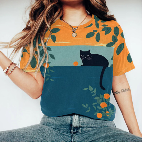 Abstract Creative Cute Cat In The Orchard Painting Art T-Shirt