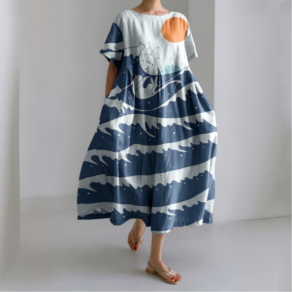 Abstract Creative Cute Cat In Wave Painting Art Linen Blend Dress
