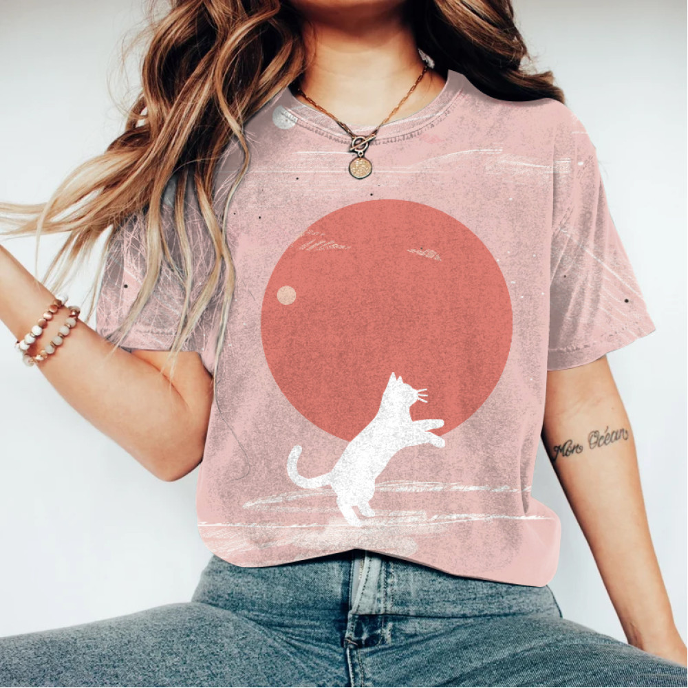 Abstract Creative Cute Cat Jumping Painting Art T-Shirt