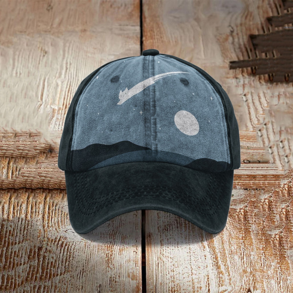 Abstract Creative Cute Cat Leaping Under The Starry Sky Painting Art Retro Casual Cap