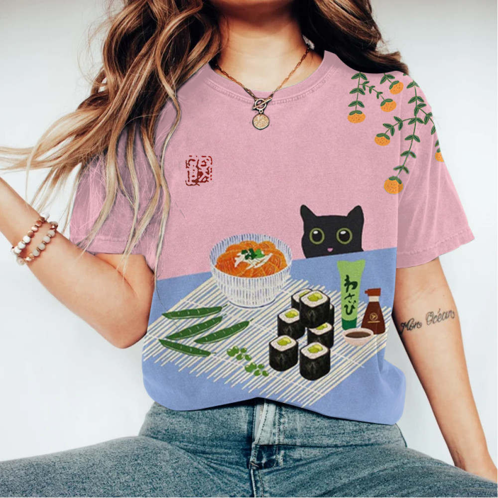 Abstract Creative Cute Cat Love Sushi And Salmon Ramen Painting Art T-Shirt