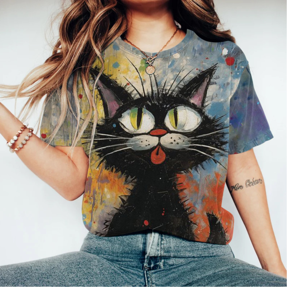 Abstract Creative Cute Cat Painting Art T-Shirt
