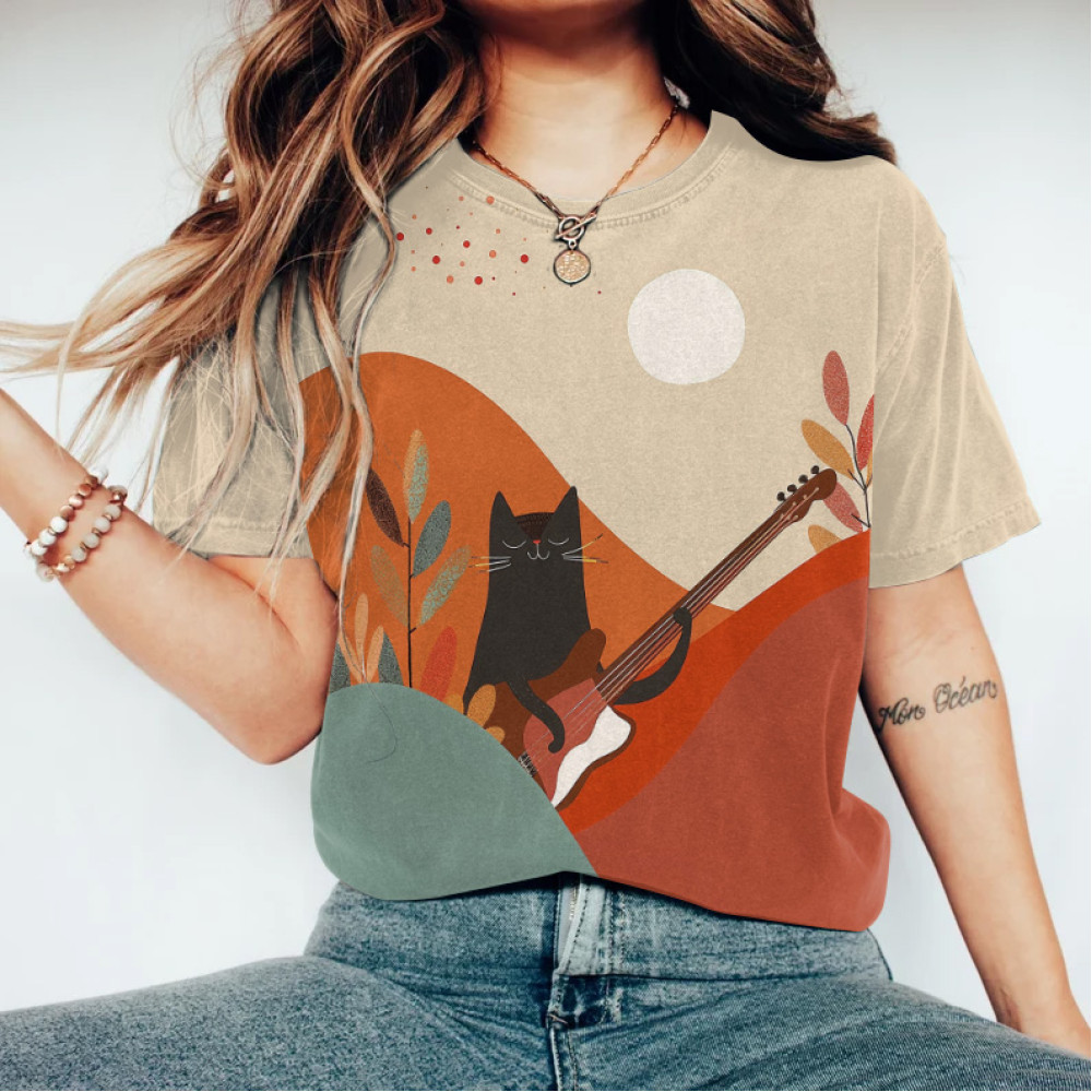 Abstract Creative Cute Cat Play Guitar Painting Art T-Shirt