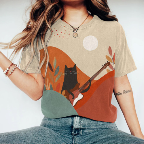 Abstract Creative Cute Cat Play Guitar Painting Art T-Shirt