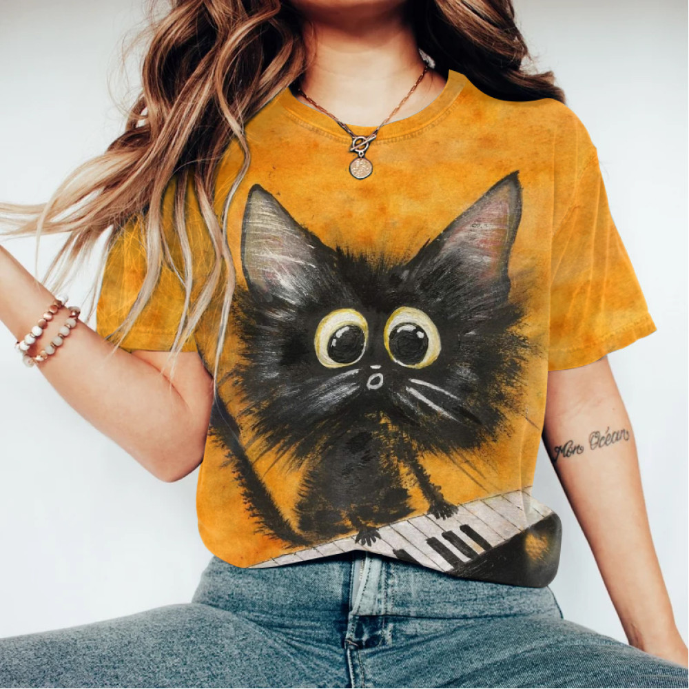 Abstract Creative Cute Cat Playing The Piano Painting Art T-Shirt