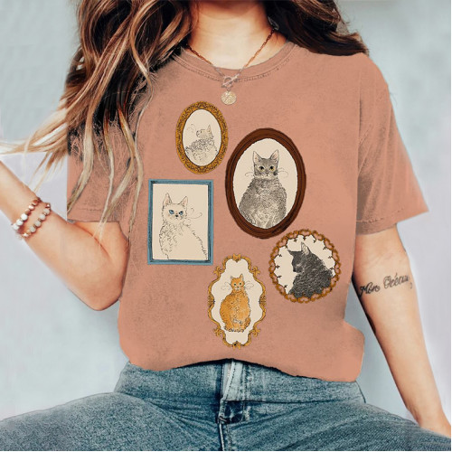 Abstract Creative Cute Cat Portrait In Frame Drawing Painting Art T-Shirt