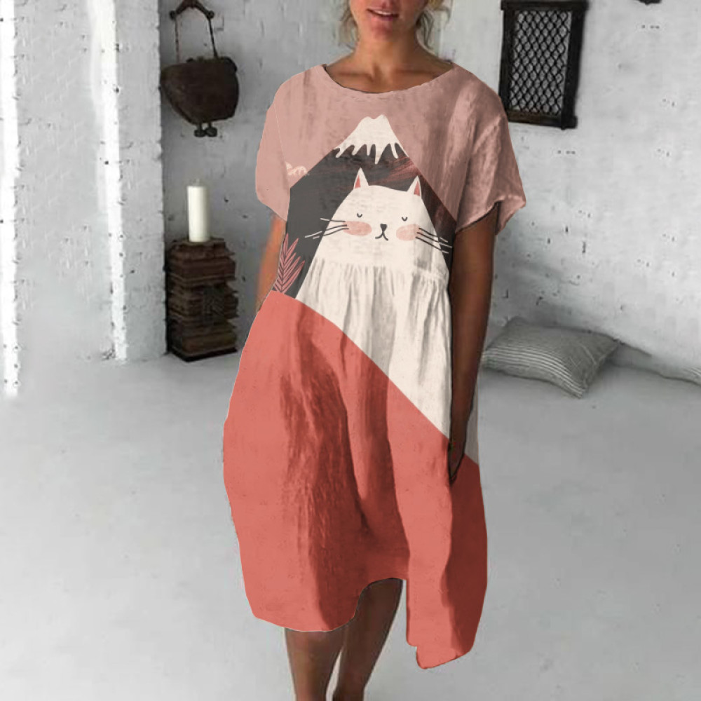 Abstract Creative Cute Cat Pretends To Be A Mountain Pattern Drawing Print Art Midi Dress