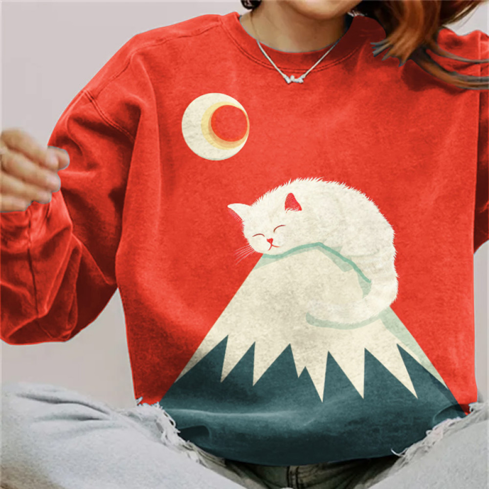 Abstract Creative Cute Cat Sleeping On Mount Fuji Painting Art Print Sweatshirt
