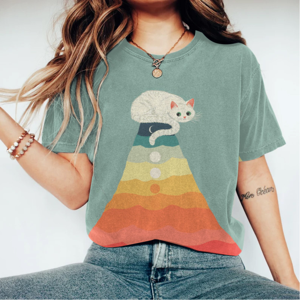 Abstract Creative Cute Cat Standing On Mount Rainbow Painting Art T-Shirt