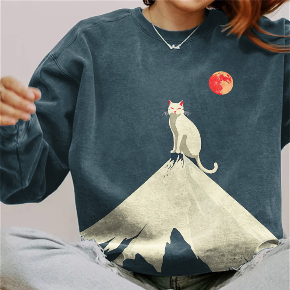 Abstract Creative Cute Cat Standing On Top Of Snow Mountain Painting Art Print Sweatshirt