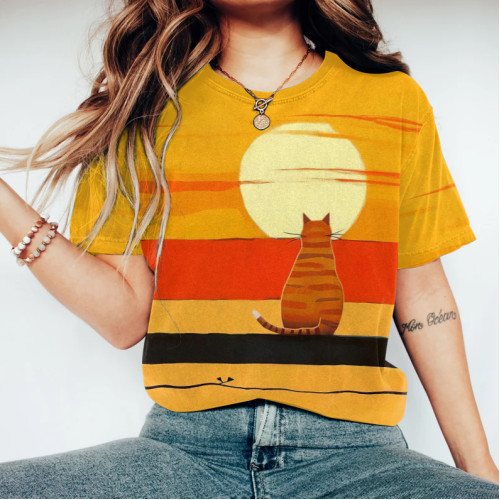Abstract Creative Cute Cat Watching The Sunset Painting Art T-Shirt