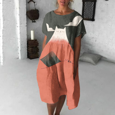 Abstract Creative Cute Mountain Cat Pattern Drawing Print Art Midi Dress