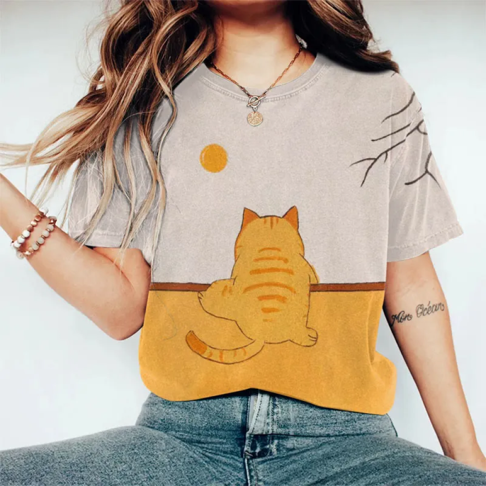 Abstract Creative Cute Orange Cat Climbing Wall Painting Art T-Shirt