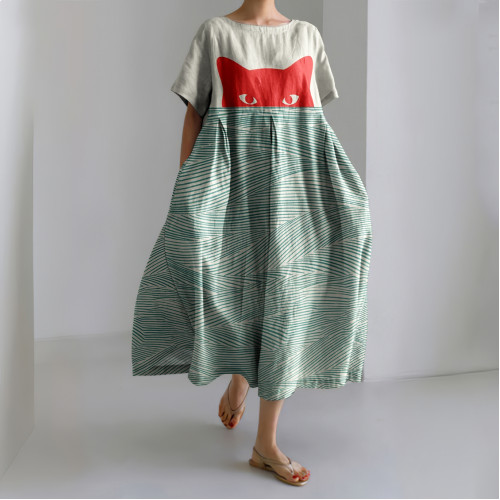 Abstract Creative Cute Shy Cat Painting Art Linen Blend Dress