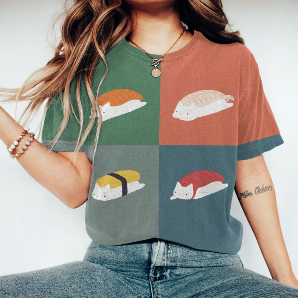 Abstract Creative Cute Sushi Cat In The Orchard Painting Art T-Shirt