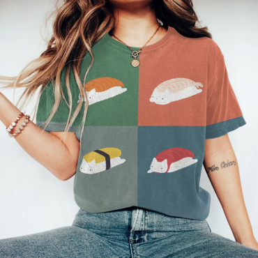 Abstract Creative Cute Sushi Cat In The Orchard Painting Art T-Shirt