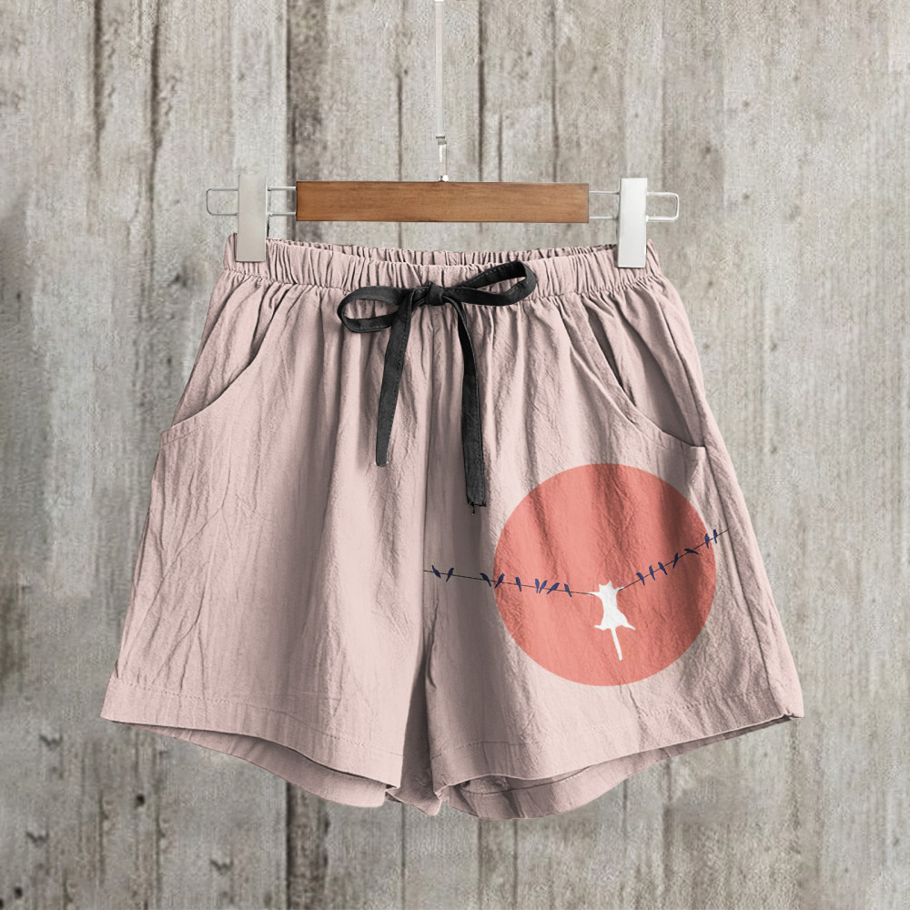 Abstract Creative Dangling Cute Cat Painting Art Linen Shorts