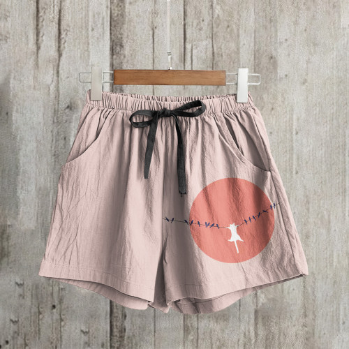 Abstract Creative Dangling Cute Cat Painting Art Linen Shorts