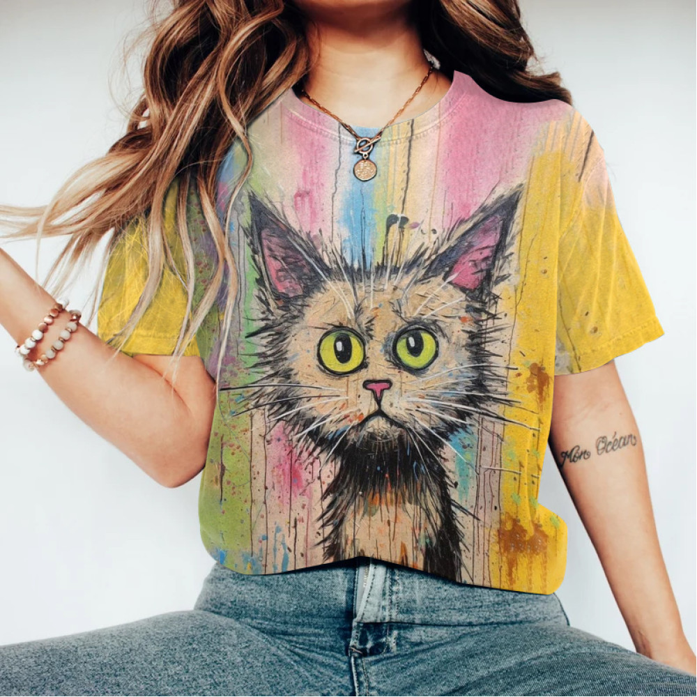 Abstract Creative Doubtful Cat Painting Art T-Shirt