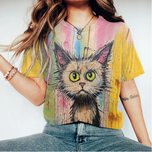 Abstract Creative Doubtful Cat Painting Art T-Shirt