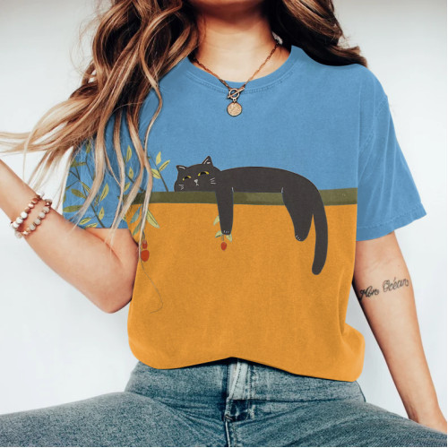 Abstract Creative Floral Lazy Black Cat  Painting Art T-Shirt