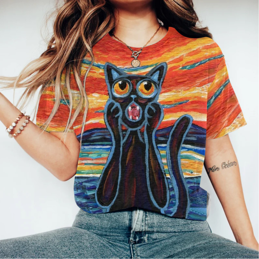 Abstract Creative Frightened Cat Painting Art T-Shirt
