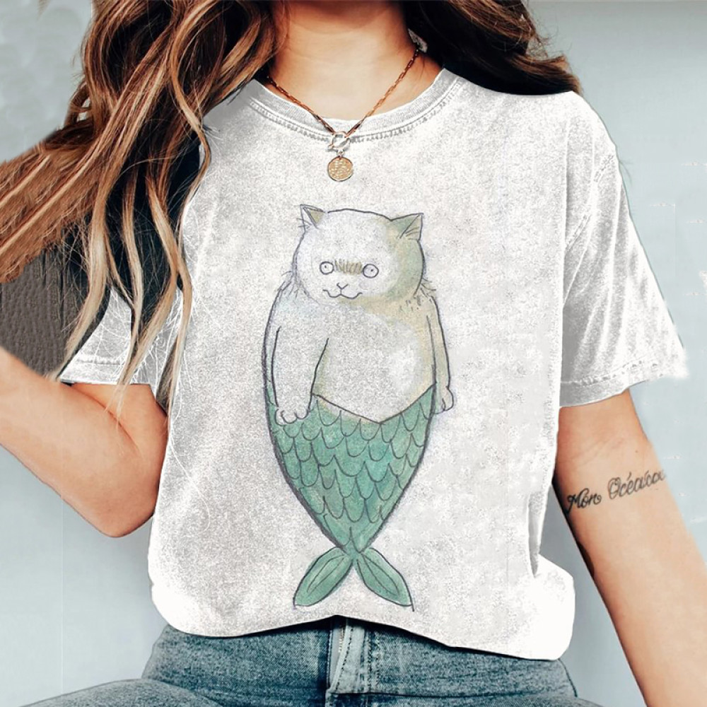 Abstract Creative Fun Cat Mermaid Drawing Painting Art T-Shirt
