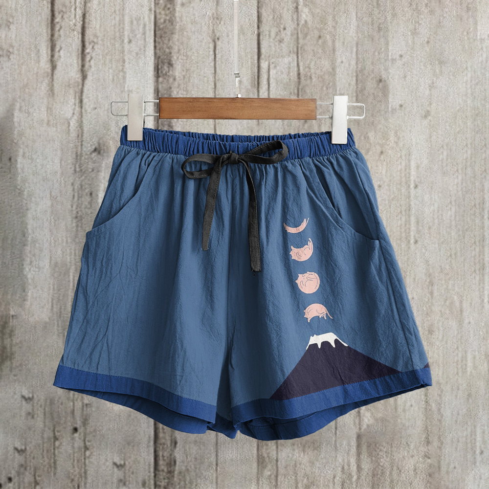Abstract Creative Good Night Lovely Cat Painting Art Linen Shorts