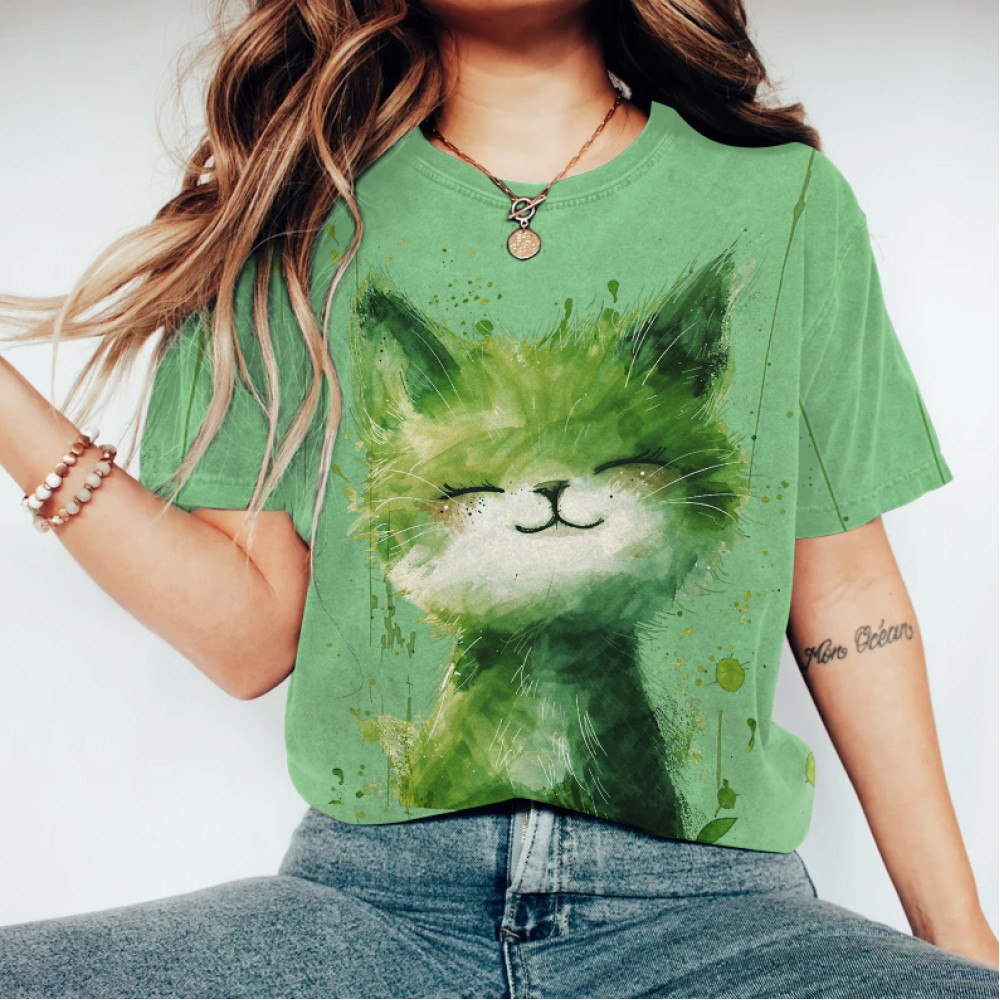 Abstract Creative Green Elf Cute Cat Painting Art T-Shirt