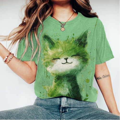 Abstract Creative Green Elf Cute Cat Painting Art T-Shirt
