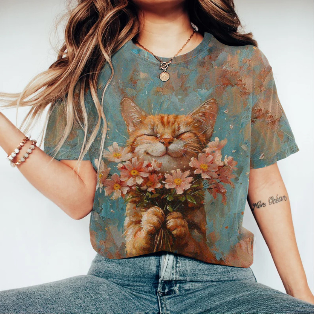 Abstract Creative Happy Cat Among Flowers Painting Art T-Shirt
