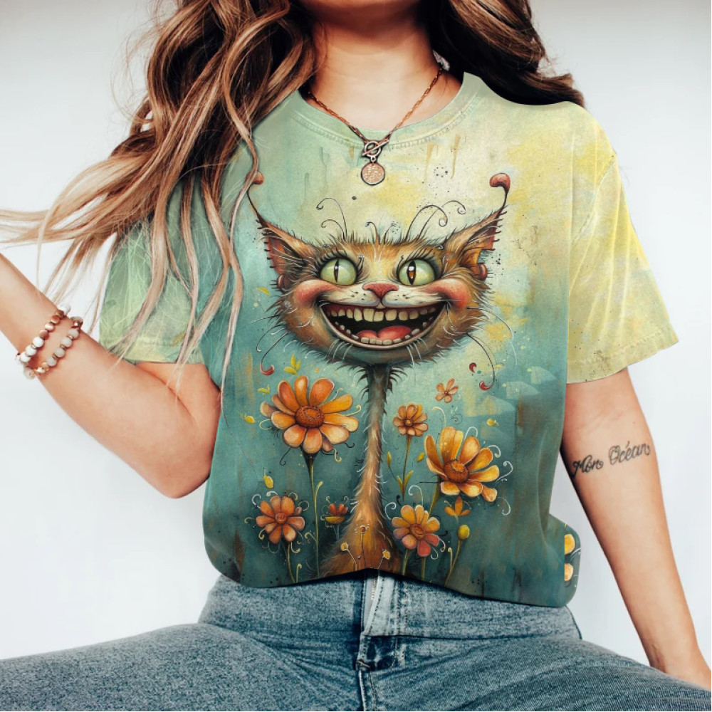 Abstract Creative Happy Cute Cat Among Flowers Painting Art T-Shirt