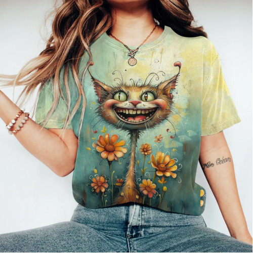Abstract Creative Happy Cute Cat Among Flowers Painting Art T-Shirt