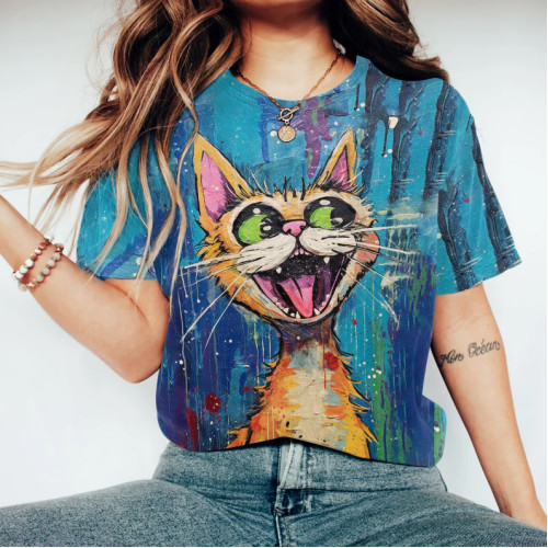 Abstract Creative Happy Cute Cat Painting Art T-Shirt
