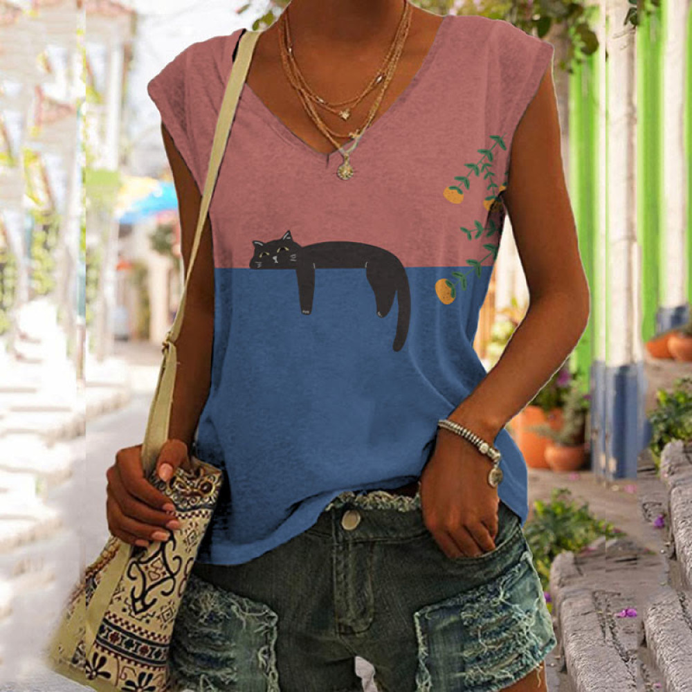 Abstract Creative Lazy Black Cat Art Painting Art Tank Top