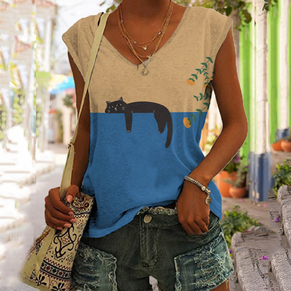 Abstract Creative Lazy Black Cat Art Painting Art Tank Top