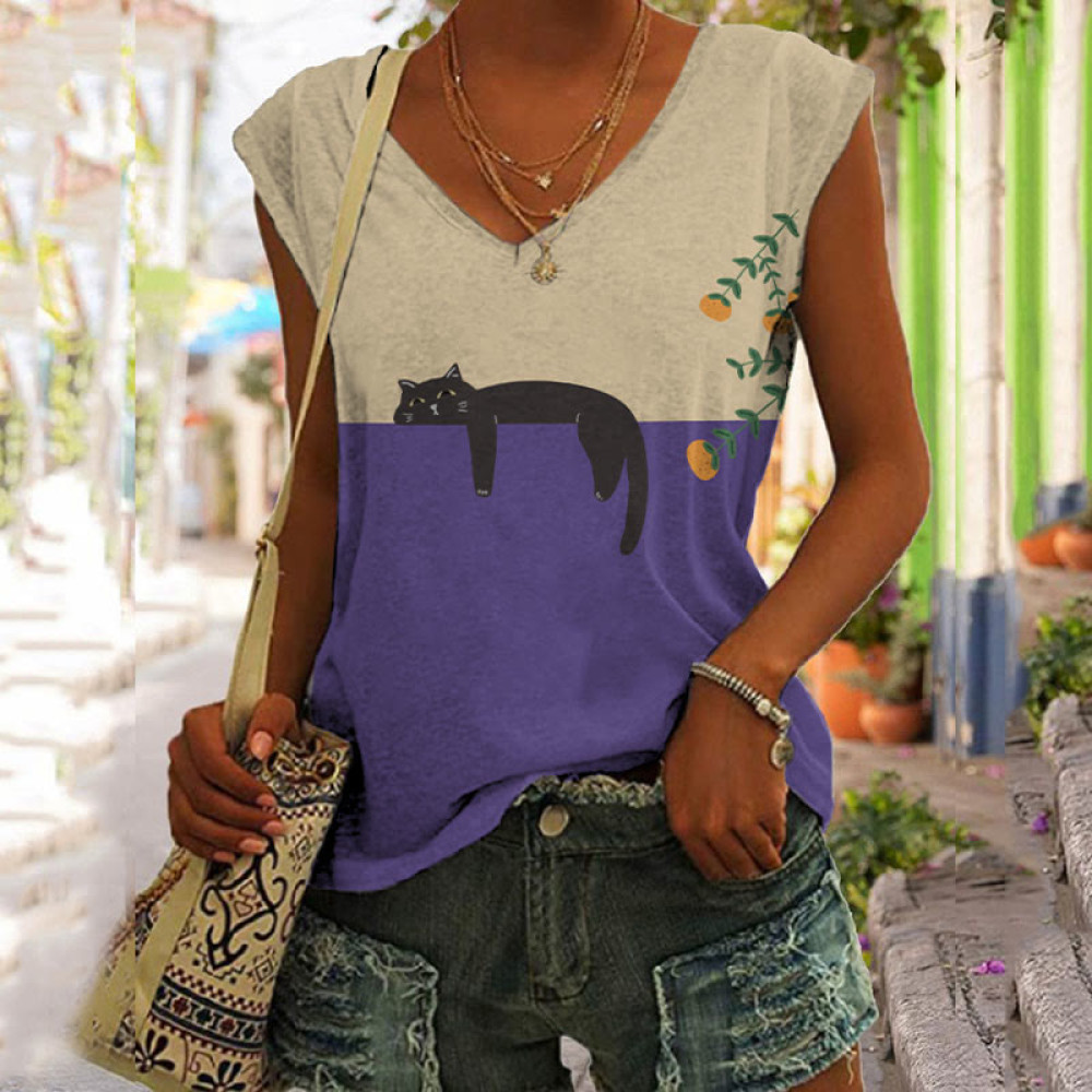 Abstract Creative Lazy Black Cat Art Painting Art Tank Top