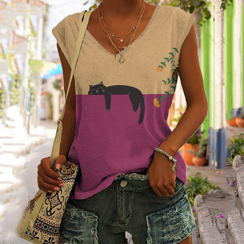 Abstract Creative Lazy Black Cat Art Painting Art Tank Top