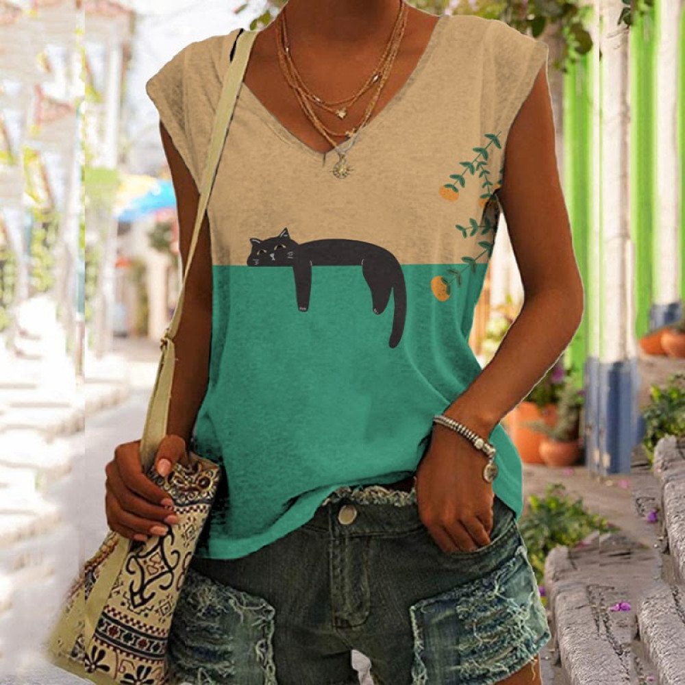 Abstract Creative Lazy Black Cat Art Painting Art Tank Top