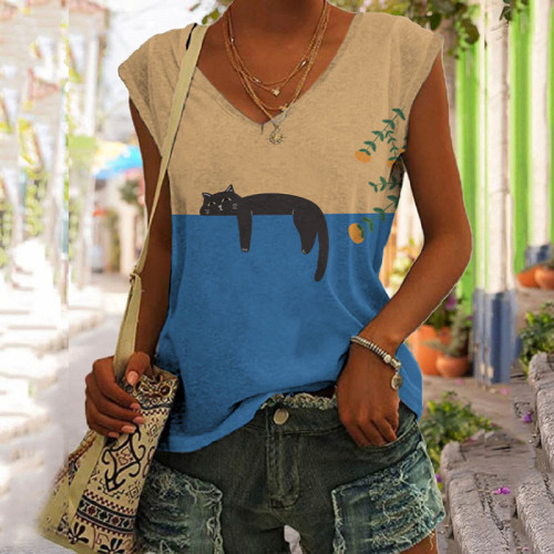 Abstract Creative Lazy Black Cat Art Painting Art Tank Top