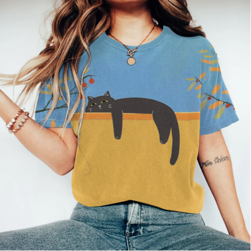 Abstract Creative Lazy Black Cat Floral Painting Art T-Shirt